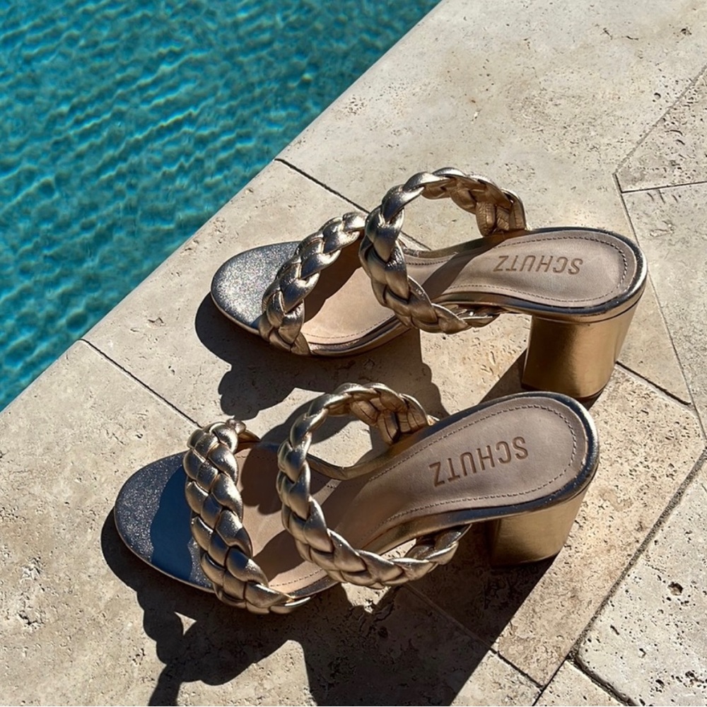 Schutz Myreh Leather Block Heel Sandal Gold